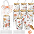 Mumufy 8 Sets Vintage Flower Glass Cups with Clear Gift Bag 16 oz Reusable Colorful Iced Coffee Mugs Aesthetic Cute Tumbler with Lids and Straws, Gifts for Girls Women Bridesmaid