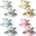 BTaT- Floral Tea Cups and Saucers, Set of 8, 8 oz | Fine Porcelain Teacup Set Gold Trim Afternoon Tea Weddings Parties Gifting Dishwasher Safe Lightweight Non Toxic