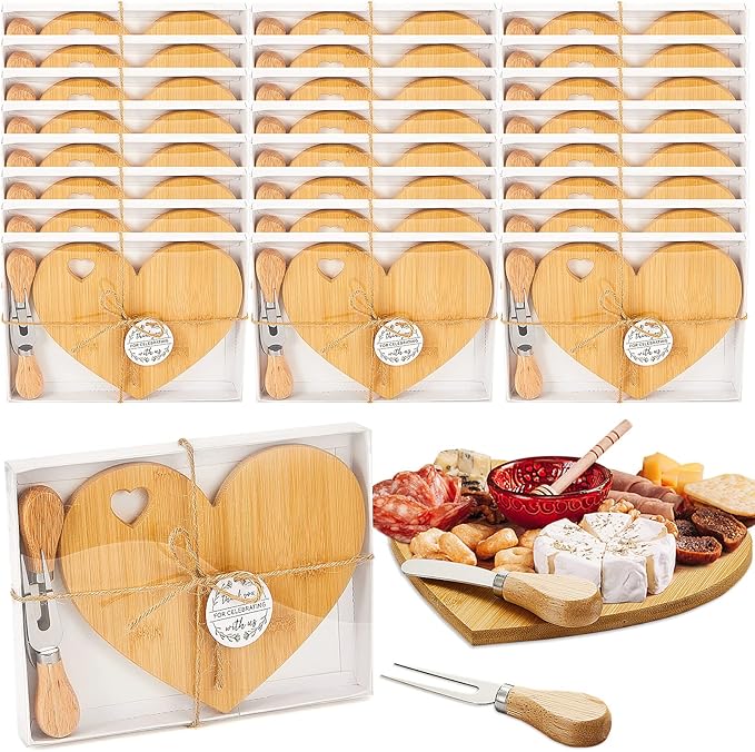 Patelai 24 Set Bridal Baby Shower Favor Heart Cheese Board with Knife, Wood Mini Charcuterie Board Thank You Gift Box for Guest Bridal Baby Shower Prize Wedding Valentines Birthday (Bamboo Color)