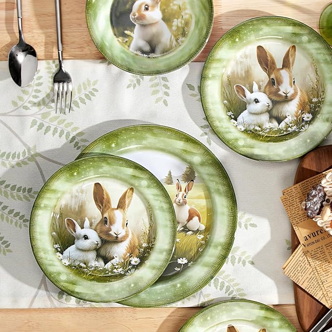12-Piece Green Bunny Melamine Dinnerware Set，Garden Parties & Everyday Use | Lightweight Melamine Plate & Bowl Set for 4,Shatterproof Dishes Perfect for Family Gatherings & Stylish Dining Room Settings