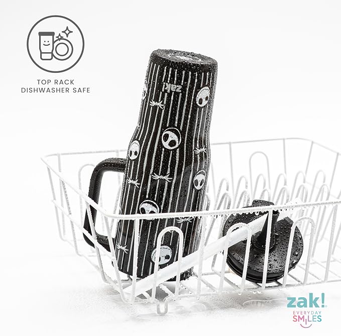 Zak Designs Disney Tim Burton's The Nightmare Before Christmas Sutton Travel Tumbler for On the Go, 30oz Stainless Steel with Vacuum Insulation and Silicone Straw for Cold Drinks (Jack Skellington)