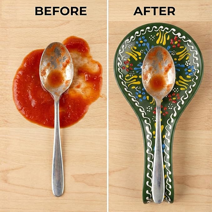 BCS Ceramic Spoon Rest, Large 9” Hand Painted Spoon Holder for Stove Top & Kitchen Counter, Dishwasher Safe & Heat Resistant Utensil Holder, Floral Kitchen Decor, Handmade Pottery