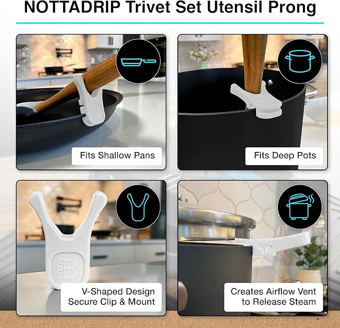 Nottadrip Silicone Spoon Rest for Stove Top - Kitchen Spoon Rest for Countertop, Ladle Holder, All in 1 Serving Station, Elevate Handles, Drip to Tray, Mess Free - 5PC Trivet Set - White