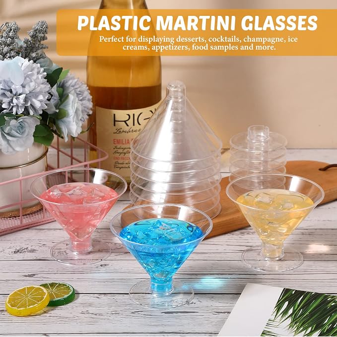 Yinkin 100 Pcs 5 oz Plastic Martini Glasses Disposable Clear Cocktail Dessert Parfait Glasses Unbreakable Mini Martini Cups for Wedding Party Bowl Wine Ice Cream (Stemless)
