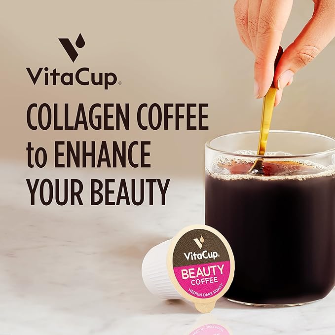 VitaCup Beauty Collagen Coffee Pods for Hair, Skin & Nails, with Biotin & Folate, Medium Dark Roast, Keto Friendly, Single Serve Pod Compatible with Keurig K-Cup Brewers,32 Ct