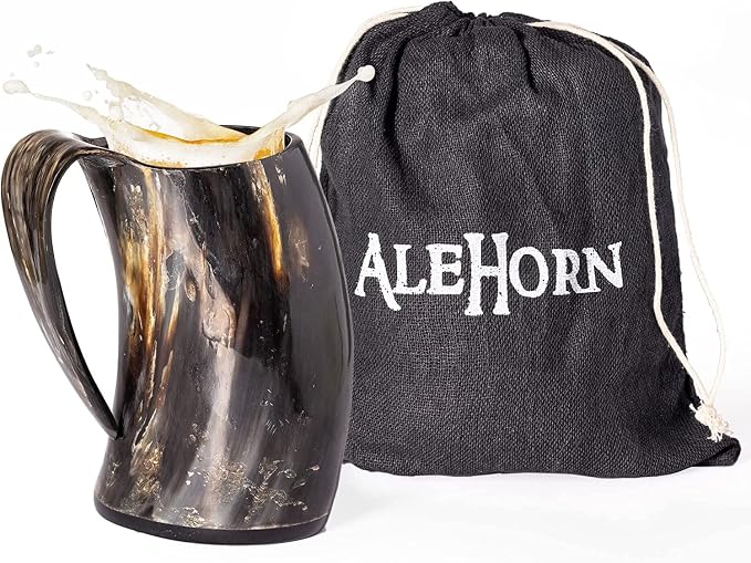 AleHorn Original Handcrafted Authentic Viking Drinking Horn Tankard for Beer Mead Ale - Genuine Medieval Inspired Stein Mug Food Safe Vessel with Handle (16oz)