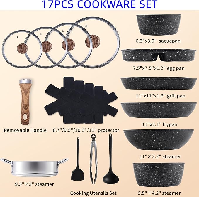 HealSmart 17Pcs Ceramic Cookware Set, Non-Toxic Nonstick Cooking Pots & Pans with Heat Resistant Grips, Complete Induction Compatible Kitchen Kit Including Multi-Size Frying Pans, Black