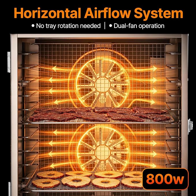HOPERAN 16 Tray Food Dehydrator Machine for Jerky, Fruit, Herb & Dog Treats | Stainless Steel, Digital Temperature & Timer Control, 2 Fans 800W, Quiet <48dB, Including 2 Mesh Screens & 1 Fruit Roll Tray
