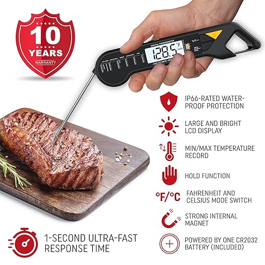 Stocking Stuffer for Men – Digital Meat Thermometer, Instant Read Digital Food Thermometer with Waterproof Probe, Backlight, Hold/Min/Max – Perfect BBQ Grill & Kitchen Gadget, Great Christmas Gift