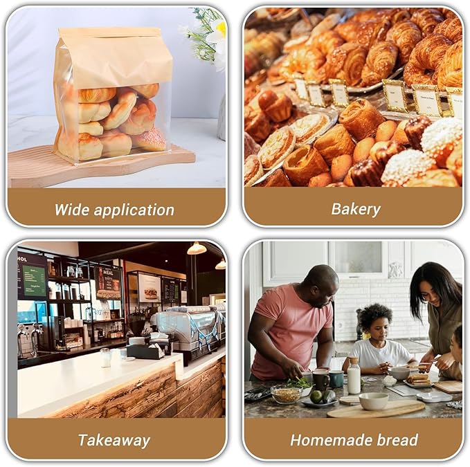 100 Pcs Heavy Duty Large Paper Bread Bags with Tin Tie Tab Lock, Loaf Bag with Clear Front Window, Storage Packaging Treat Bag for Bakery Cafe Homemade Bread 11.2” × 4.3” × 8.7”