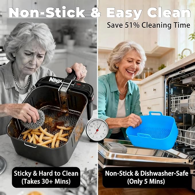 Ninja Silicone Air Fryer Liners - Reusable 8QT Dual Basket DZ201 - Rectangular 2-Pack Vacuum-Packed Easy-Clean Dishwasher-Safe Food-Safe for Home Chefs - Housewarming Gifts