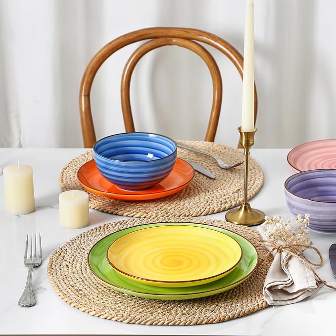 Selamica Ceramic Plates and Bowls Sets,24 Pieces Dinnerware Sets for 8,Scratch Resistant Dish Set for holiday gathering,Dishwasher & Microwave Safe, Dopamine colors