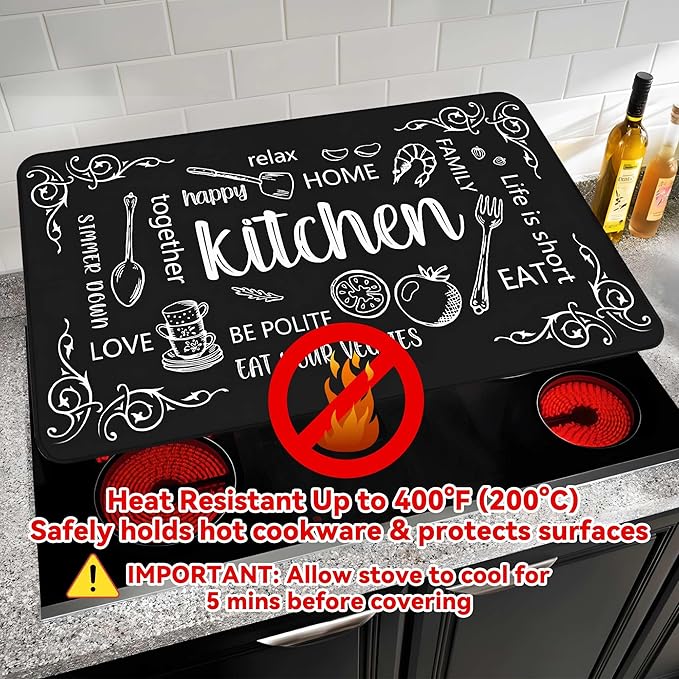 Decorative Stove Top Covers for Electric Stove 28"x20" – Heat Resistant Glass Cooktop Protector Dish Drying Mat – Non-Slip Rubber Backing Washer Top Cover Waterproof Extra Counter Space (Kitchen 3)