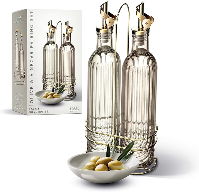 COOK WITH COLOR Glass Olive Oil Bottle Dispenser - 2 Pack- 17oz Oil and Vinegar Cruet - Olive Oil Carafe Decanter for Kitchen, Elegant Fluted, Brown