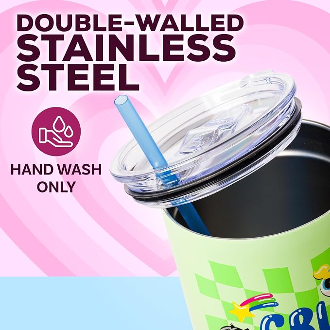 Silver Buffalo The Powerpuff Girls Girl Power Groovy Retro Featuring Blossom, Bubbles, and Buttercup Double Walled Stainless Steel Tumbler with Handle and Straw, Fits in Standard Cup Holder, 40 Ounces