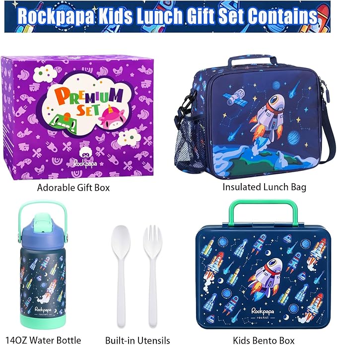 rockpapa Kids Lunch Box Set with 14oz Insulated Water Bottle & Lunch Bag, Leakproof 5.5 Cups Bento Box for School & Children, BPA-Free, Microwave Safe for Boys Girls (Blue Rocket)