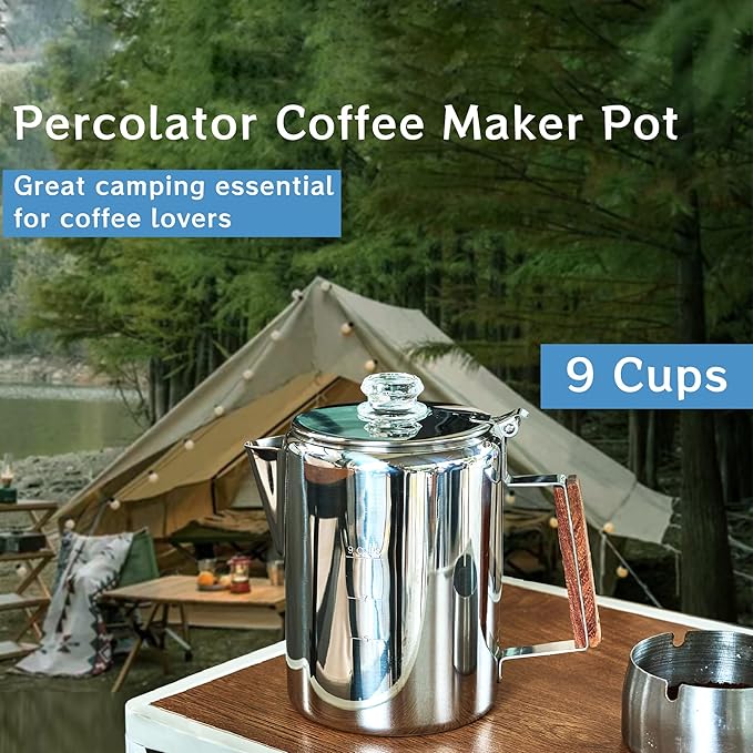 ZOWIE KING Camping-Fire Coffee Percolator Stovetop Pot- Stainless Steel Stove top Coffee Pot, Unleash Flavor in the Great Outdoors (9 Cups)