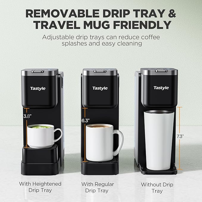 Tastyle Single Serve Coffee Maker with Built-in Detachable Milk Frother & Magnetic K-Pod Organizer, 6 Cup Sizes, Fits 7.3" Travel Mug, Black
