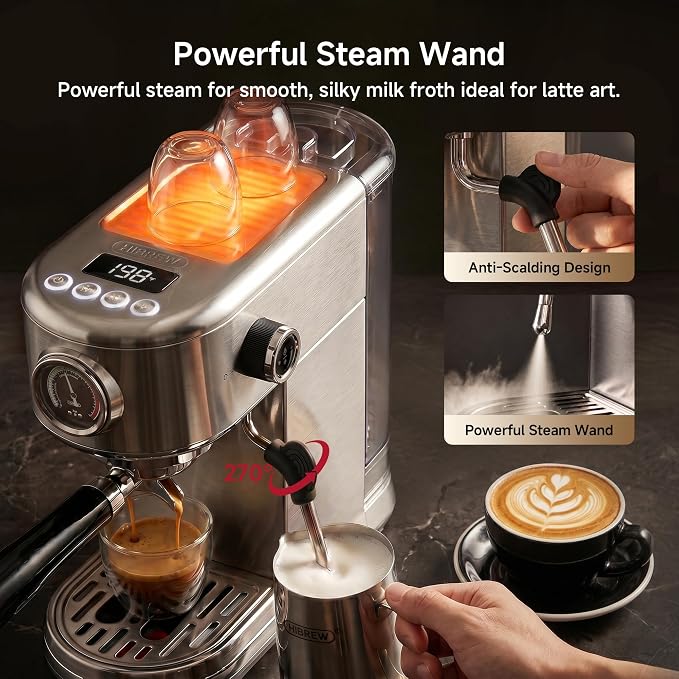 HIBREW H10B Programmable Espresso Machine with LED Display & Pressure Gauge | 20 Bar Compact Stainless Steel Coffee Maker with Milk Frother, 51mm Portafilter for Cappuccino Latte