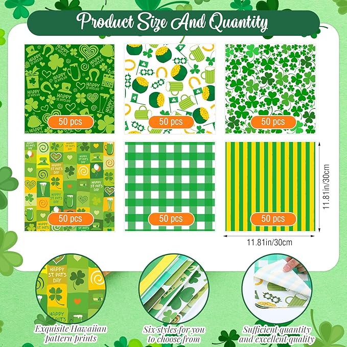 Reallnaive 300 Pcs St. Patricks Day Wax Paper Sheets 12 x 12 Inch Green Shamrock Parchment Deli Tissue Paper Sandwich Wrapping Sheets Food Basket Liners for Kitchen Restaurant Baking Supplies, 6 Style