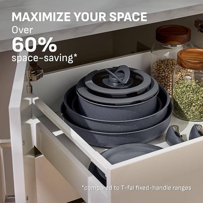 T-fal Ingenio Essentials Cookware Set with Detachable/Removable Handle 11 Piece, Granite Titanium Non Stick, Oven Broiler Safe 500F, Stackable, Pots and Pans Set, Frying Pans, Dishwasher Safe, Gray