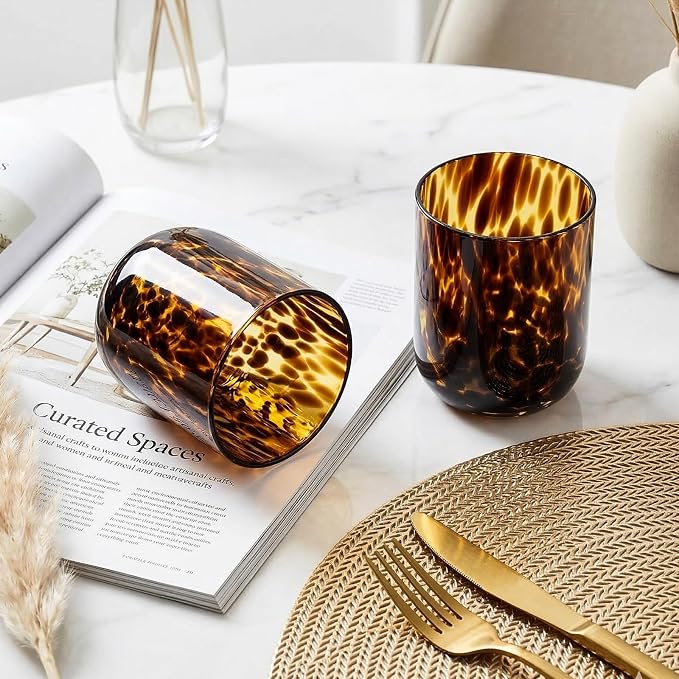 Tortoise Shell Drinking Glasses Set of 4, Brown Decorative Tortoise Shell Tumbler Cups for Wine & Drinks，Drinking Glasses for Wedding Gifts, Housewarming, Cocktail Party (4, 10oz)