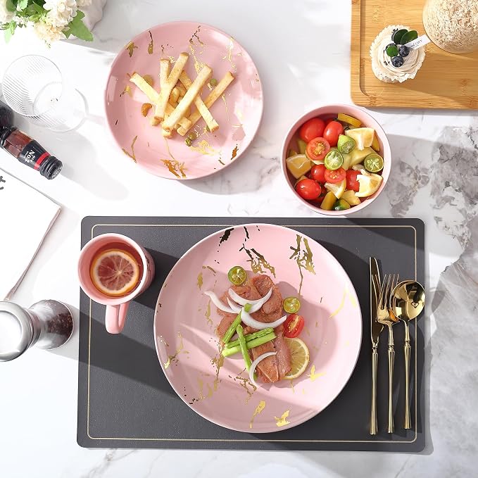 Pink Marble Dinnerware Set for 4, 16-Piece Porcelain Plates and Bowls Set with Gold Trim, Modern Ceramic Dish Set for Home Dining and Gifts