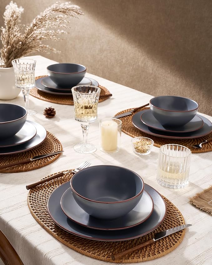 Famiware Venus Plates and Bowls Sets with Trim, 24 Pieces Speckled Stoneware Dinnerware Set for 8, Matte Charcoal - Microwave & Dishwasher Safe, Modern Minimalist, Dishes for Everyday & Formal Dining