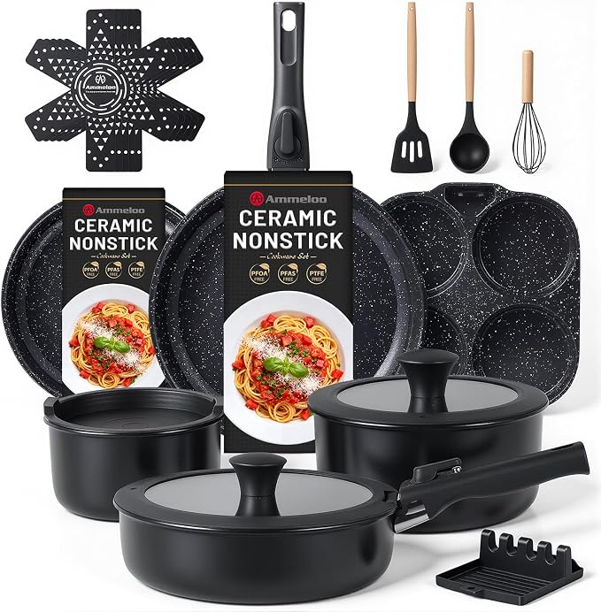 Ammeloo 21-Piece Ceramic Pots and Pans Set Non Stick with Detachable Handles and Egg Frying Pan, Non-Toxic Cookware, Induction Ready, Oven Safe, Stackable for Storage, Black Speckled