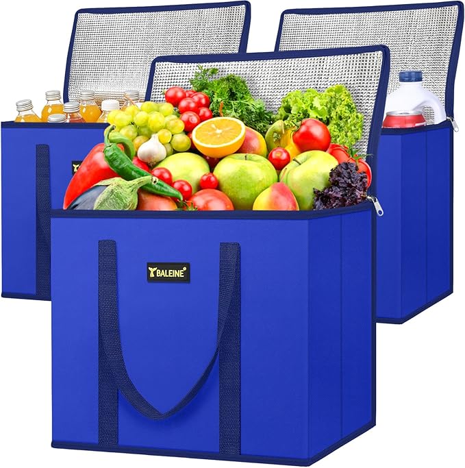 BALEINE 3Pk Insulated Reusable Grocery Bags, Foldable Shopping Bags for Groceries with Reinforced Bottom & Handles (Blue)