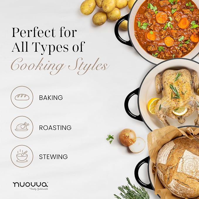 Cast Iron Pot with Lid-Non-Stick Ovenproof Enamelled Casserole Pot, Oven Safe up to 500° F-Sturdy Dutch Oven Cookware - Black, 5-Quart, 24cm-by Nuovva