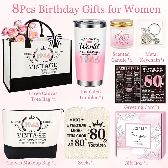 80th Birthday Gifts for Women, Vintage 1946 Happy 80th Birthday Gifts Basket for Women Unique Gift Ideas for 80 Year Old Female, Mom, Wife, Grandma, Thoughtful Birthday Gift Turning 80 Year Old