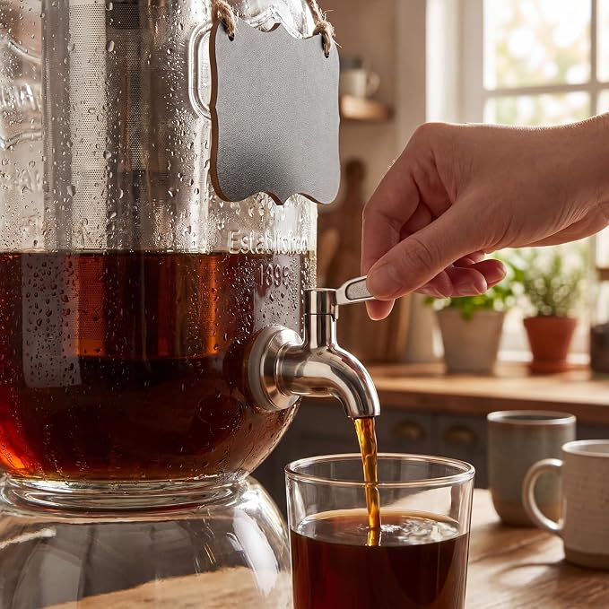 1 Gallon Cold Brew Coffee Maker with Stand, Heavy Duty Glass Iced Coffee Maker & Beverage Dispenser, Thick Iced Tea Pitcher for Fridge with 304 Stainless Steel Filter, Spigot & Lid