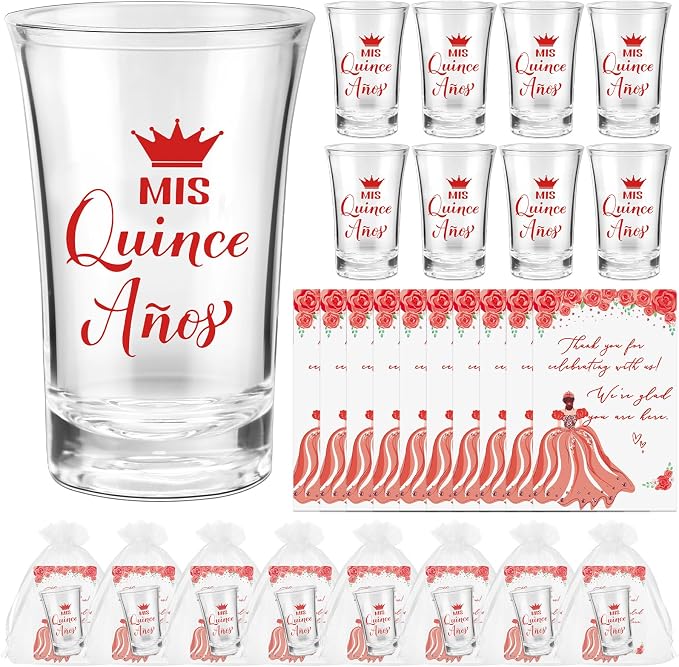 Havawish 25 Sets Quinceanera Party Favors for Guests Quinceanera Acrylic Clear Personalized Shot Glasses Thank You Cards with Organza Bags Mis Xv Años Sweet 15 Birthday Party Favors (Red)