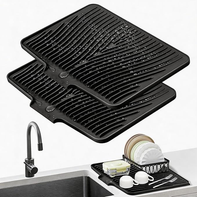 TIKNIK Silicone Dish Drying Mat, Stone Drying Mat for Kitchen Counter with Built-In Drain, Non-Slip Drain Pad with Built-in Drain, Heat Resistant Stone Drying Mat, Hangable, Black-2pcs, 20" x 15"