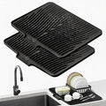 TIKNIK Silicone Dish Drying Mat, Stone Drying Mat for Kitchen Counter with Built-In Drain, Non-Slip Drain Pad with Built-in Drain, Heat Resistant Stone Drying Mat, Hangable, Black-2pcs, 20" x 15"