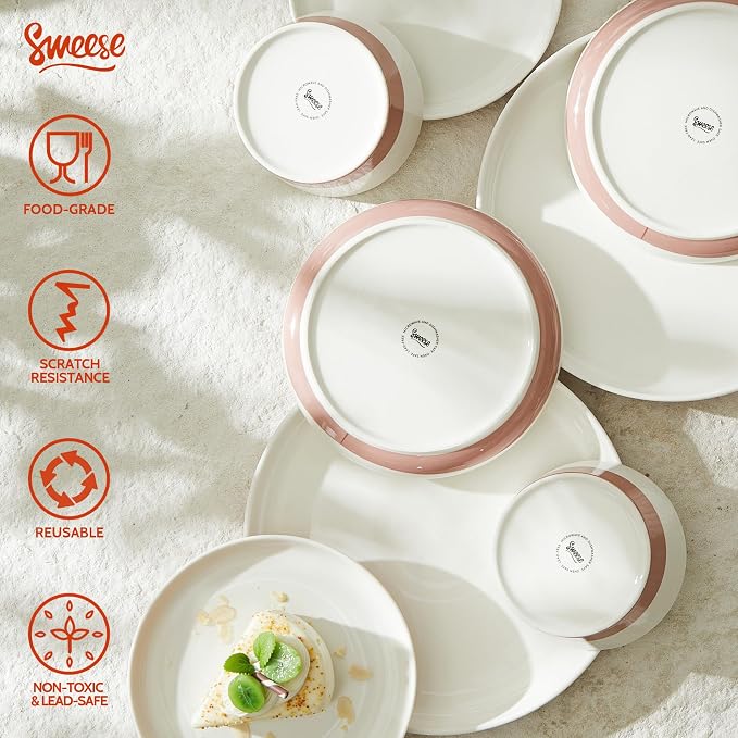 Sweese Plates and Bowls Set, Porcelain Dinnerware Sets for 6, 18 Pieces Handcrafted Glaze Dishes, Chip and Scratch Resistant, Microwave Oven & Dishwasher Safe Dishwasher Safe, White & Pink ﻿
