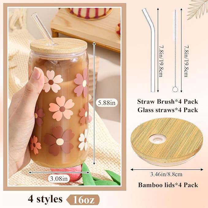 Mumufy 4 Pack Wildflower Glass Cups Gift Aesthetic Cute Glass Cup Tumbler Flower Iced Coffee Mugs 16 oz with Bamboo Lid & Straw, for Wedding Birthday Bridesmaid Mom Baby Shower