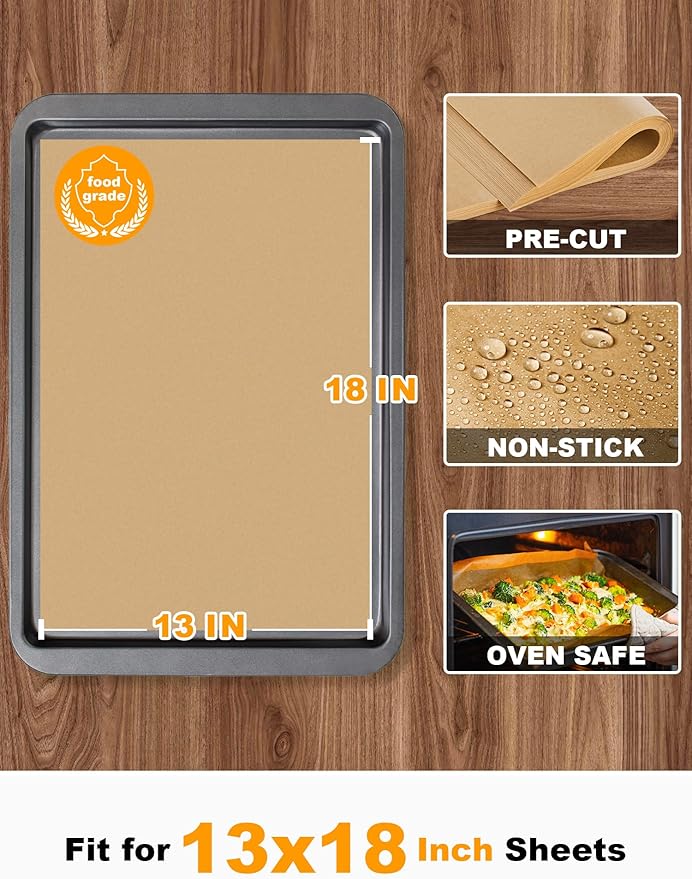 SMARTAKE 200 Pcs Parchment Paper Baking Sheets, 13x18 Inches Non-Stick Precut Baking Parchment, for Baking Grilling Steaming Bread Cup Cake Cookie and More (Unbleached)