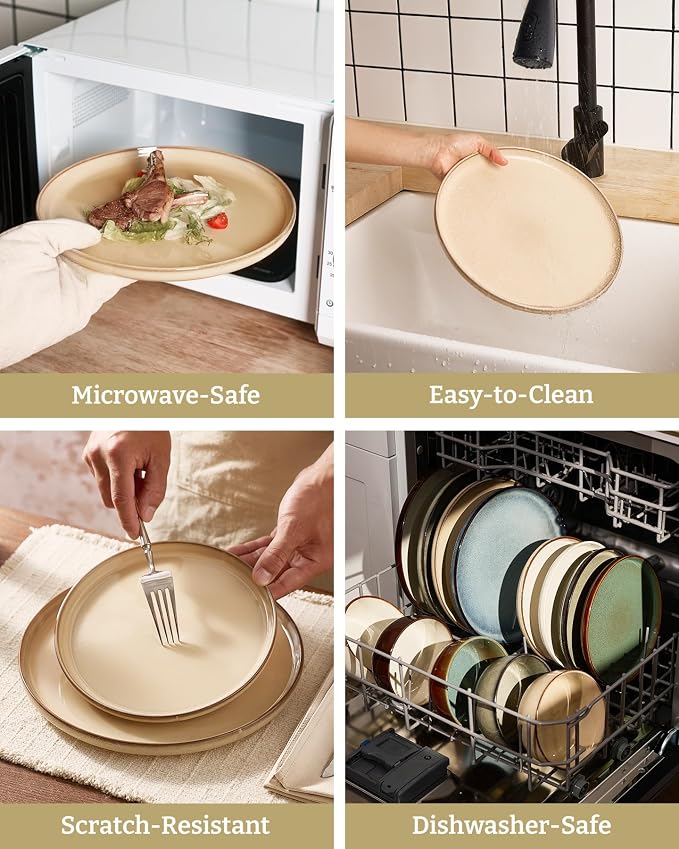Famiware Milkyway Stoneware Dinnerware Set, 24-Piece, Double Reactive Glaze, Plates and Bowls, Service for 8, Microwave and Dishwasher Safe, Scratch-Resistant, Milk Tea
