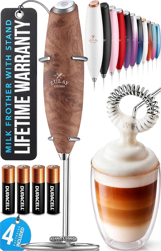 Zulay Kitchen Powerful Milk Frother Wand With 4 AA Duracell Batteries - Ultra Fast Handheld Drink Mixer - Electric Whisk Foam Maker for Coffee, Lattes, Cappuccino, Matcha & Creamer - Walnut
