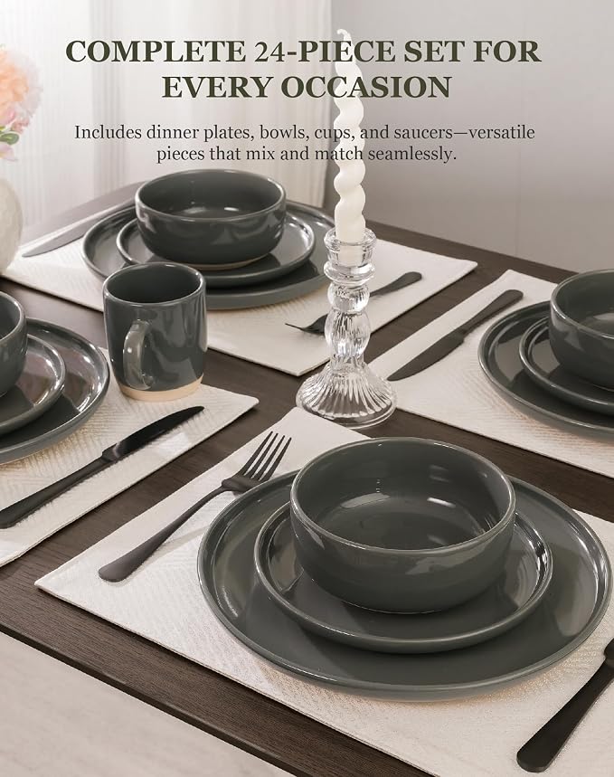 OTAGO 24-Piece Grey Stoneware Dinnerware Set for 6 with Mugs, Plates and Bowls Sets with Partially Unglazed Base, Scratch Resistant Ceramic Dish Set, Microwave & Dishwasher Safe for Kitchen