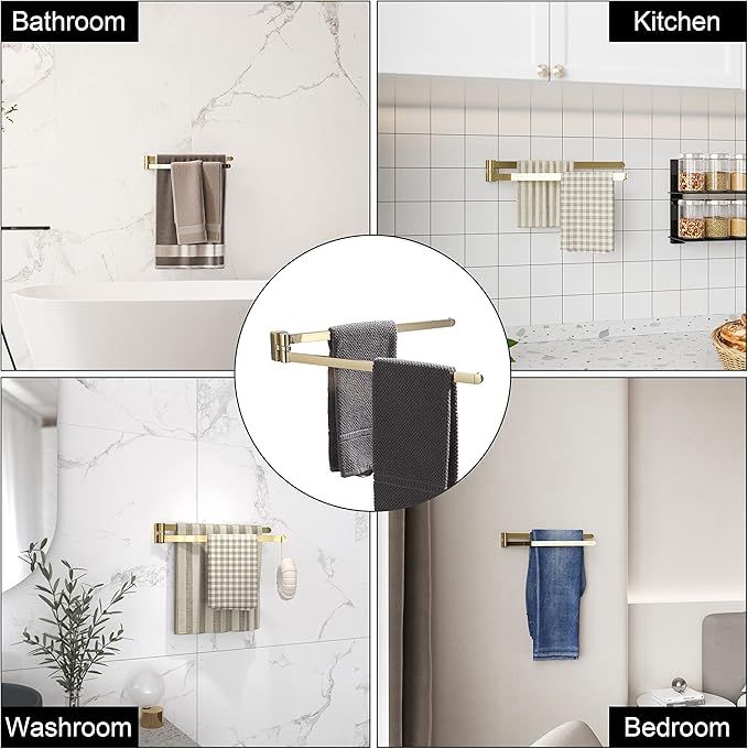 BGL Swivel Towel Bar Brushed Gold,Two Arms Wall Mount Towel Hanger Holder for Bathroom Organizer