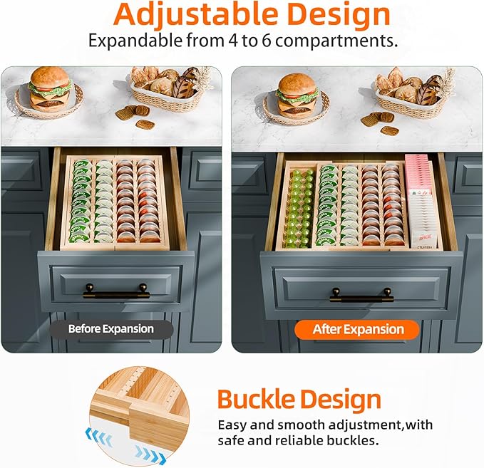 Simple Trending Bamboo Coffee Pod Holder Drawer Insert for Counter, Expandable K Cup Organizer Tea Bags Storage Compatible with Nespresso Vertuo Capsules, Natural