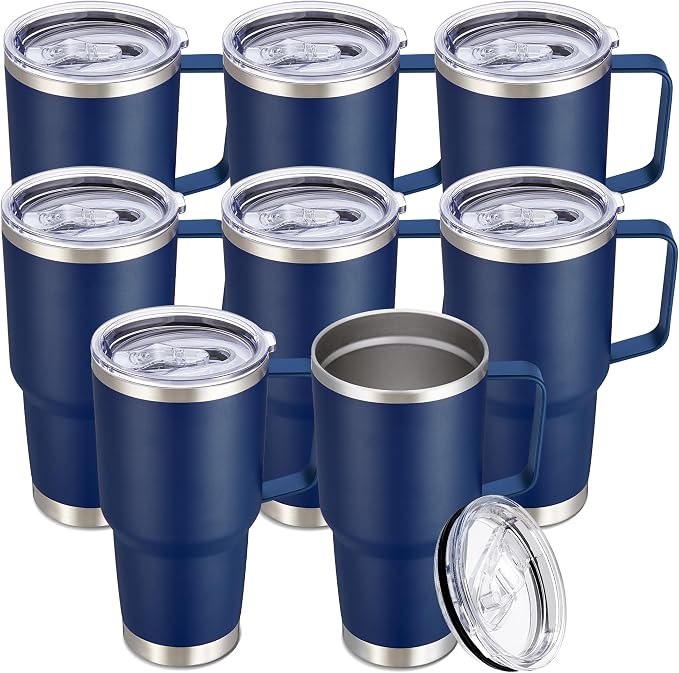 30 oz Tumbler with Handle and Lid, Stainless Steel Tumblers Bulk Double Wall Vacuum Insulated Travel Mug Leak Proof Cup Keep Drinks Cold and Hot Navy, 8 Pack