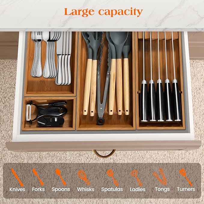 Piklohas Carbonized Bamboo Kitchen Silverwar Drawer Organizer,14.2 inch Length Natural Utensil Flatware Organizers Tray Storage for Spoons Forks & Knives