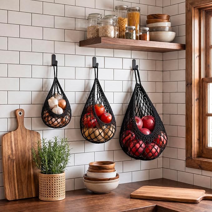 Honeydak Boho Decor Hanging Wall Baskets for Kitchen 3 Pack Teardrop Baskets with Hooks Storage Fruit Onion Vegetable Potato for Home 3 Sizes(Black,Crochet,Cotton Rope)