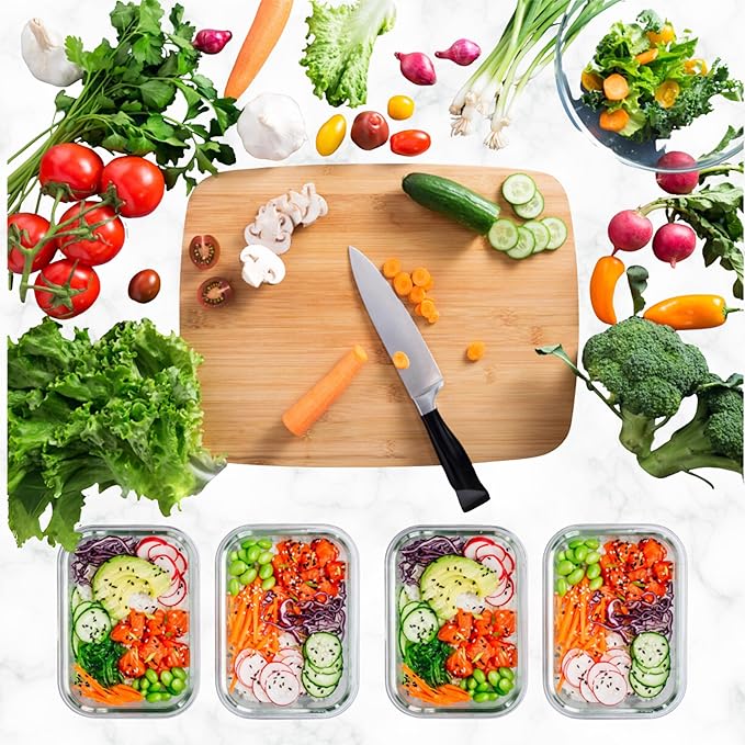 ECOBERI 4.5 Cup Glass Meal Prep Containers with Lids & Silicone Sleeves, 5-Pack Airtight, Leak-Resistant Food Storage Containers for Fridge, Freezer, Oven & Microwave