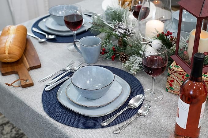 Elanze Designs 16-Piece Modern Luxury Chic Smooth Vintage Handmade Shape High Gloss Ceramic Stoneware Square Plate Mug & Bowl Kitchen Dinnerware 16 Piece Set - Service for 4, Ice Blue