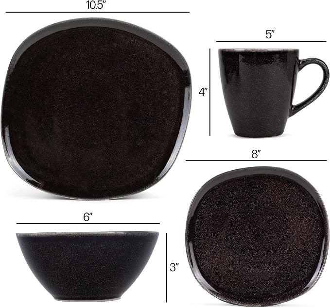 Elanze Designs 16-Piece Modern Luxury Chic Smooth Vintage Handmade Shape High Gloss Ceramic Stoneware Square Plate Mug & Bowl Kitchen Dinnerware 16 Piece Set - Service for 4, Black